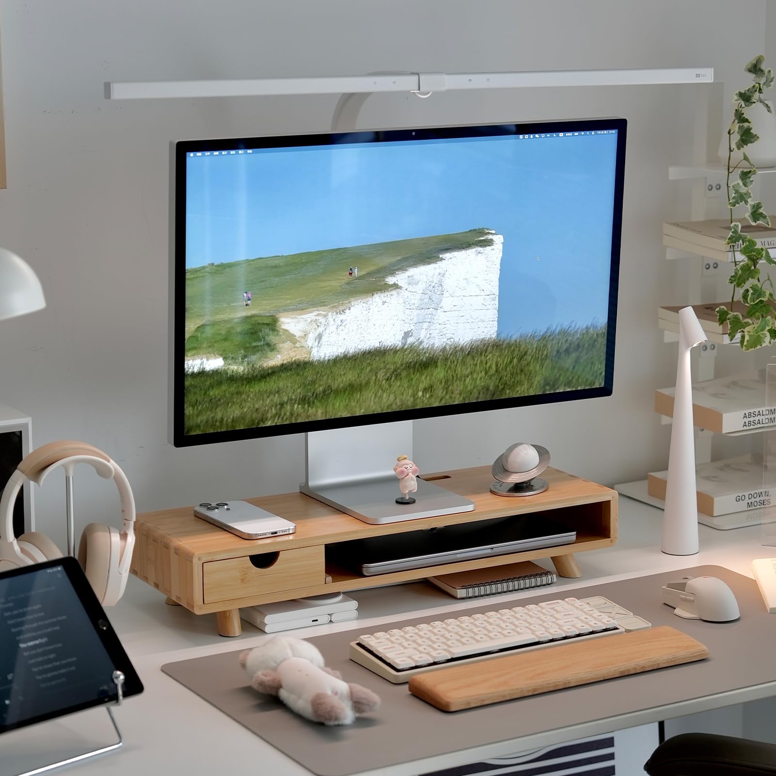 Ergonomic Bamboo Monitor Stand with Drawer and Storage