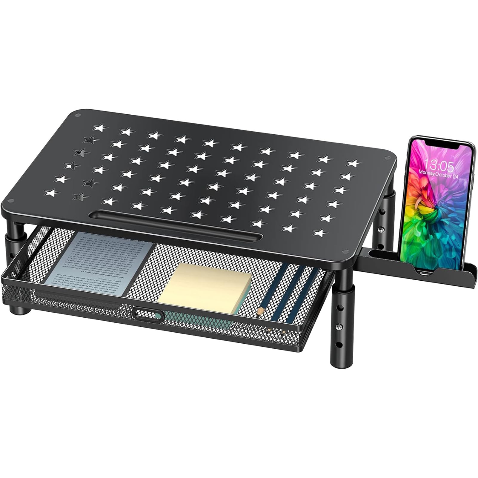 Height Adjustable Monitor Stand with Mesh Drawer & Phone Holder