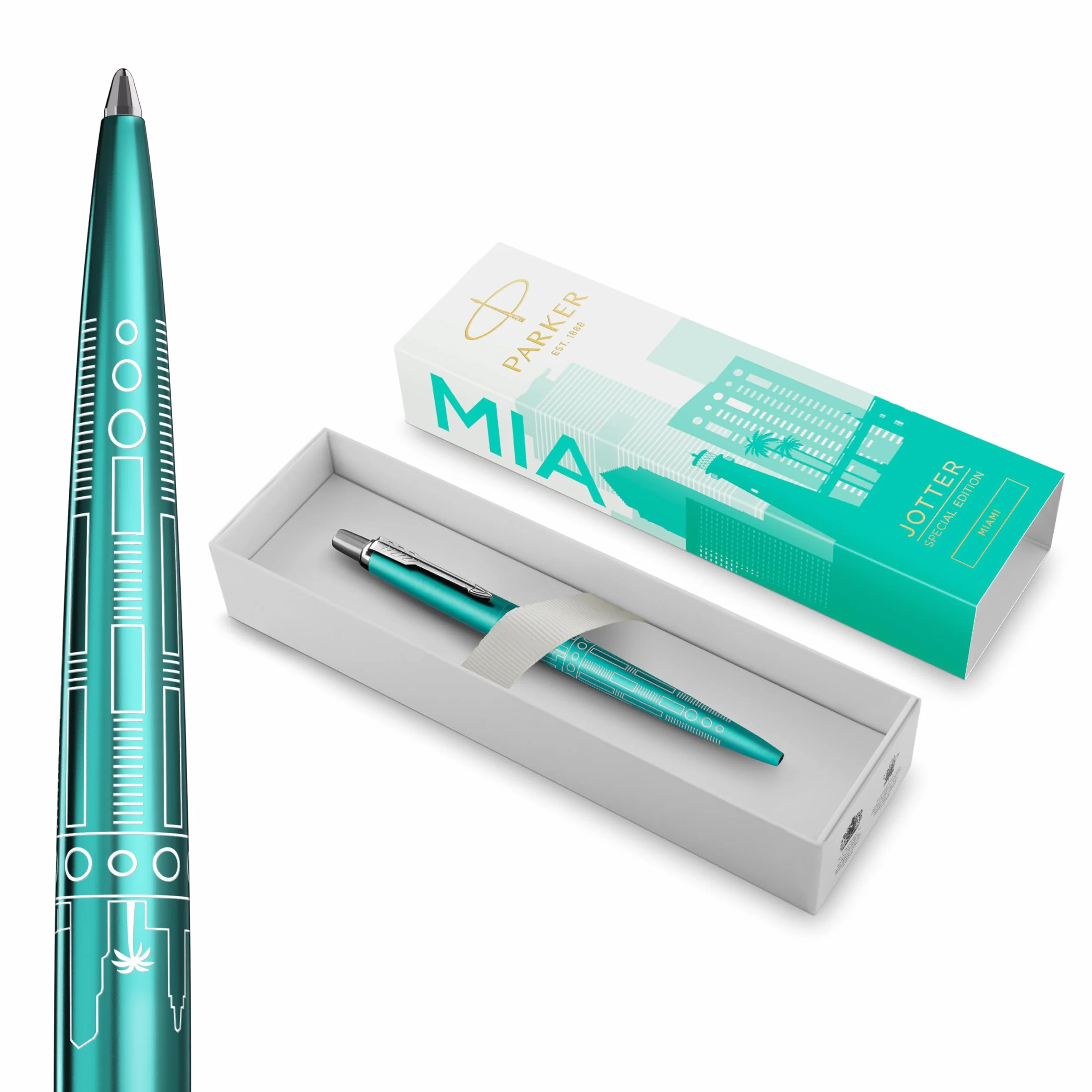 Parker Jotter Penna a sfera Edizione speciale Miami Turquoise puntale cromato Punta media Inchiostro blu Confezione regalo
