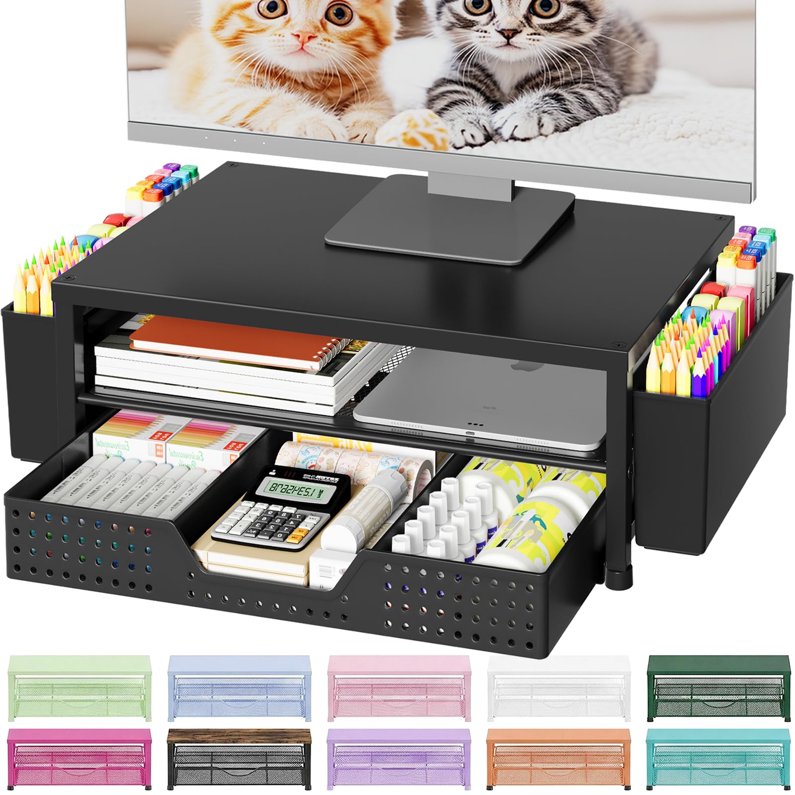 Black Ergonomic Monitor Riser with Storage Drawer